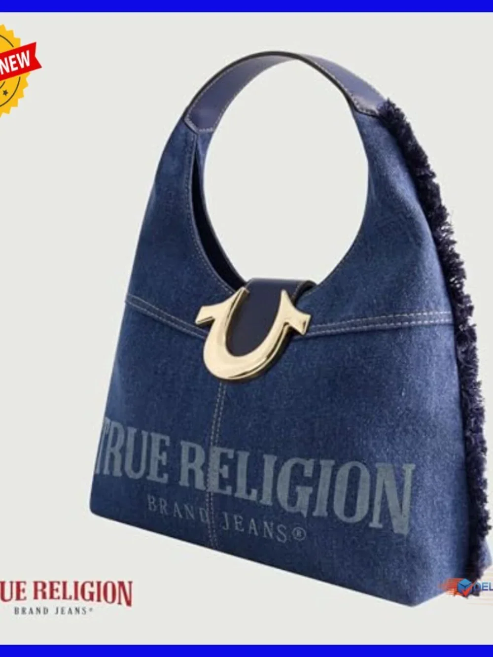 Medium Hobo Shoulder Bag, Frayed Denim with Horseshoe Logo, Lightweight Cotton